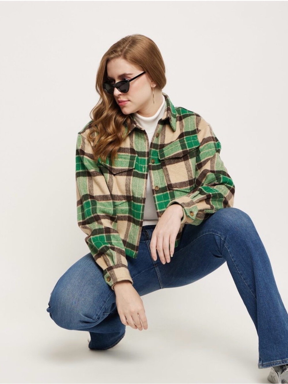 NEXT Plaid Buttoned Cropped Shacket in Green/Cream/Brown Front Pockets XL NWT